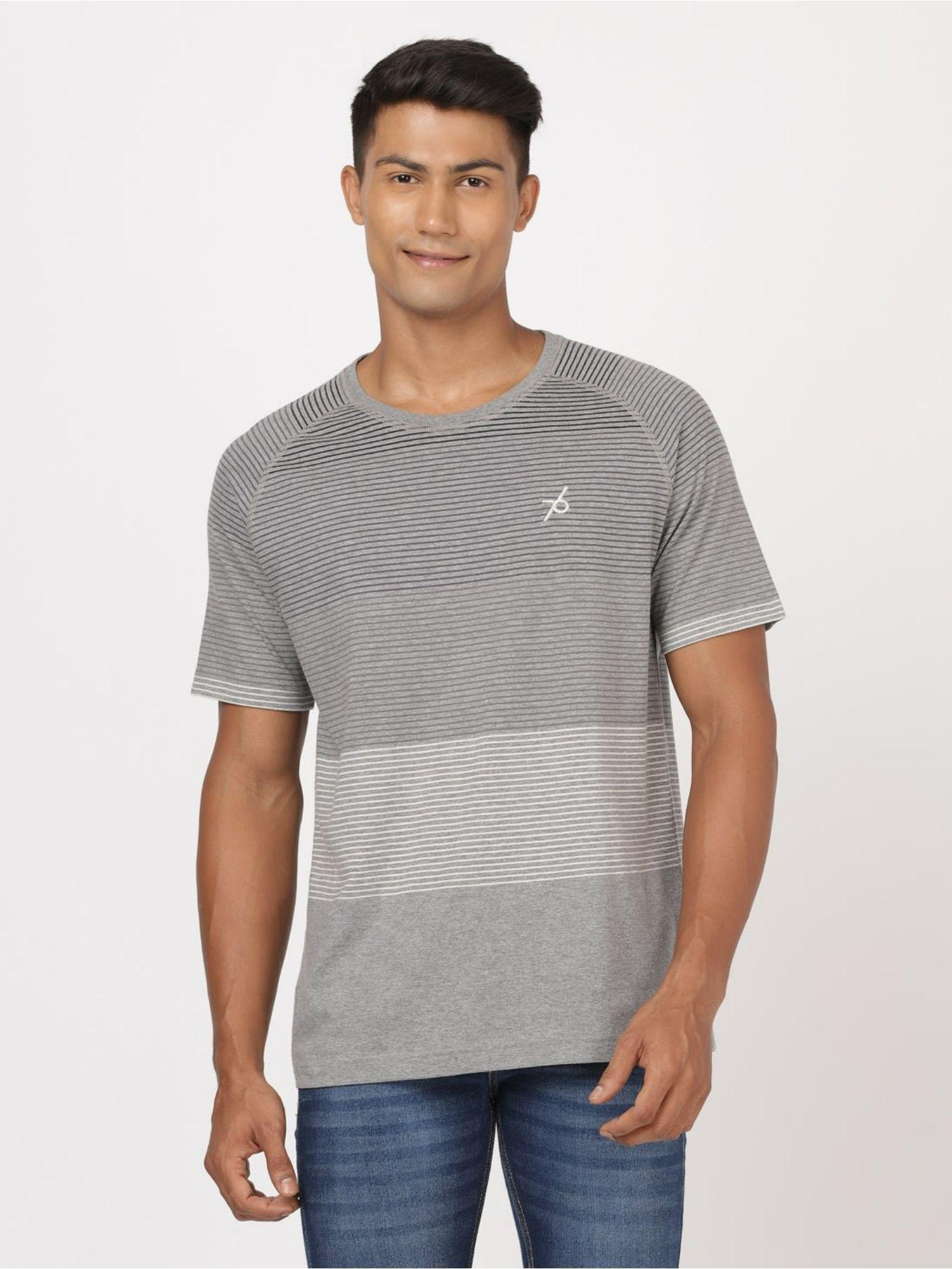 am68 super combed cotton rich striped round neck half sleeve t-shirt grey melange