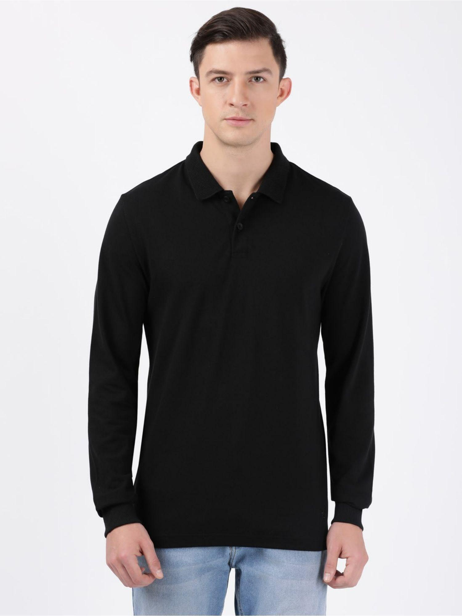 am96 mens super combed cotton rich full sleeve polo t-shirt with ribbed cuffs-black
