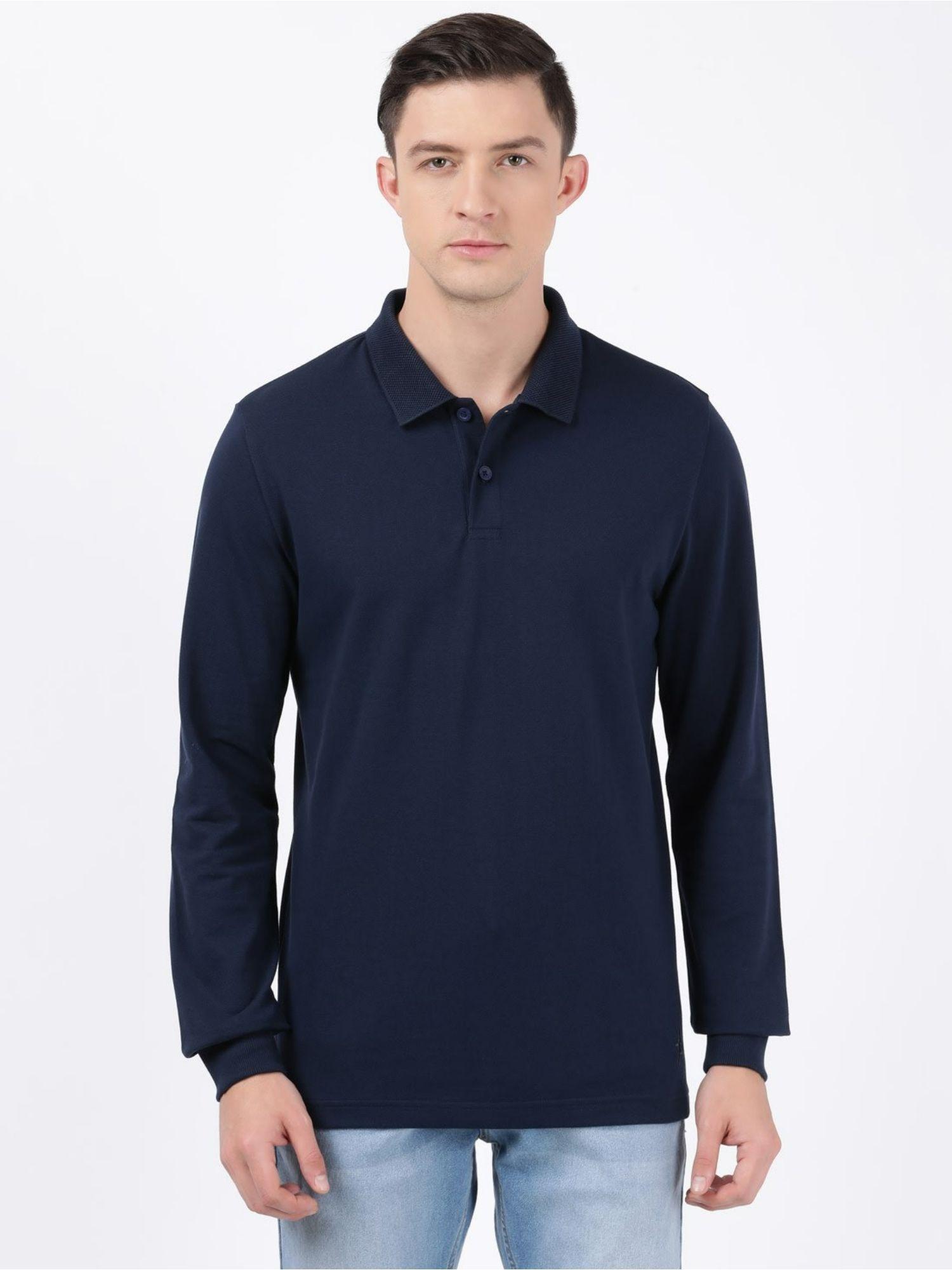am96 mens super combed cotton rich full sleeve polo t-shirt with ribbed cuffs-navy