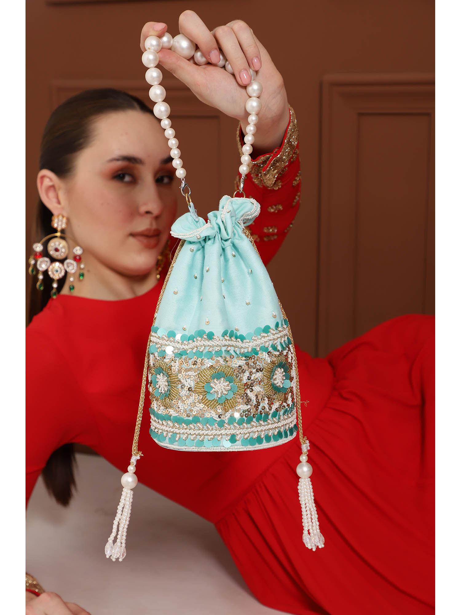 ama blue potli bag with pearl handle
