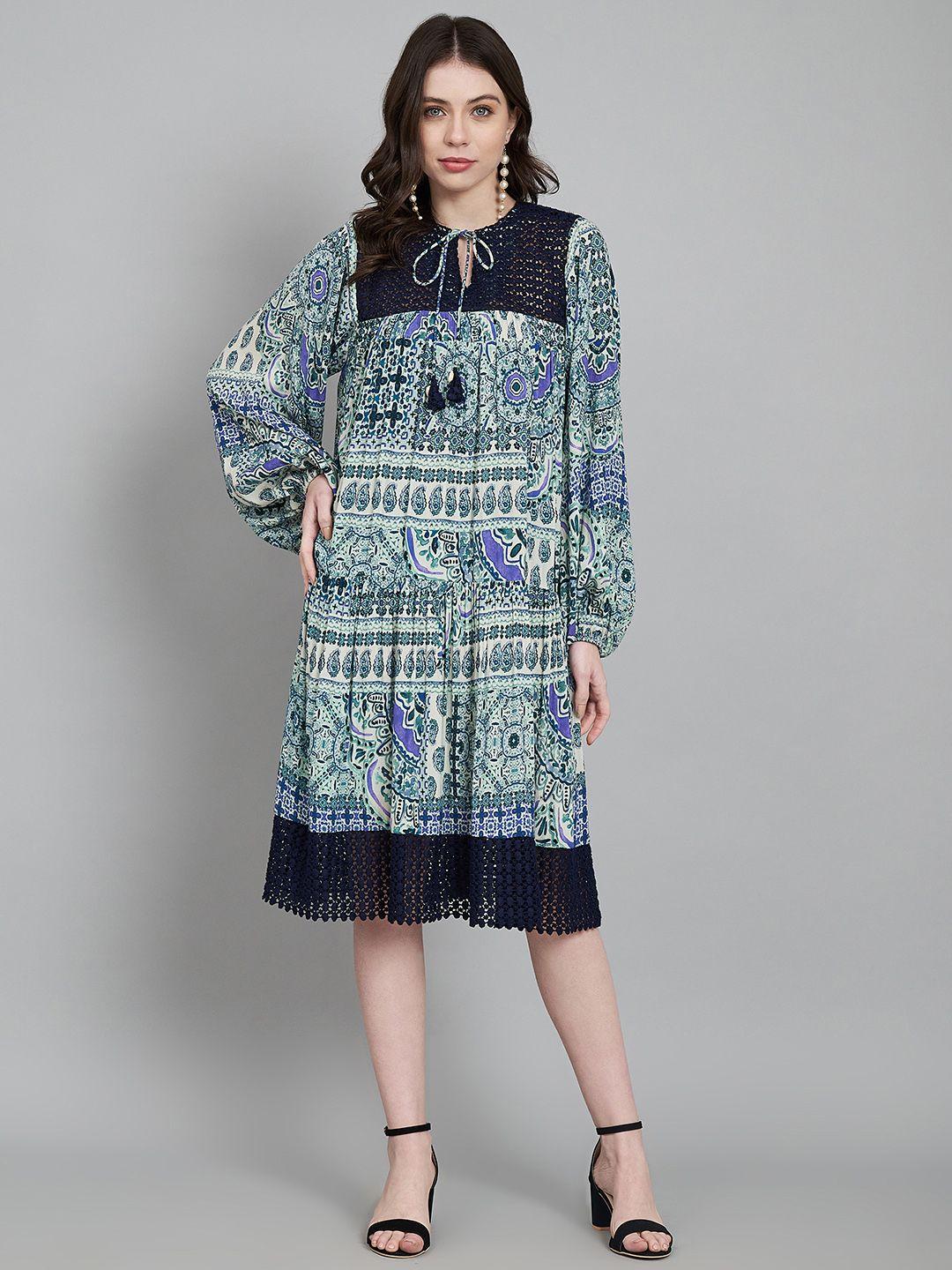 amagyaa ethnic motifs printed tie-up neck puff sleeve a-line dress