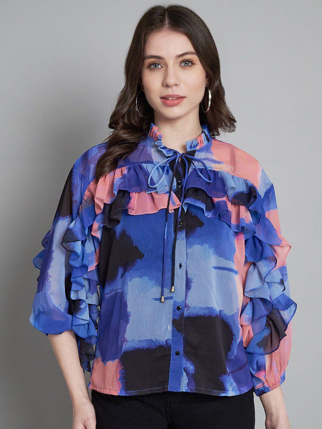 amagyaa abstract printed tie up neck puff sleeve ruffles top