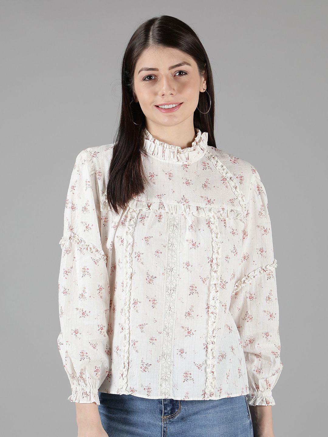 amagyaa cream-coloured floral print bishop sleeves ruffles top