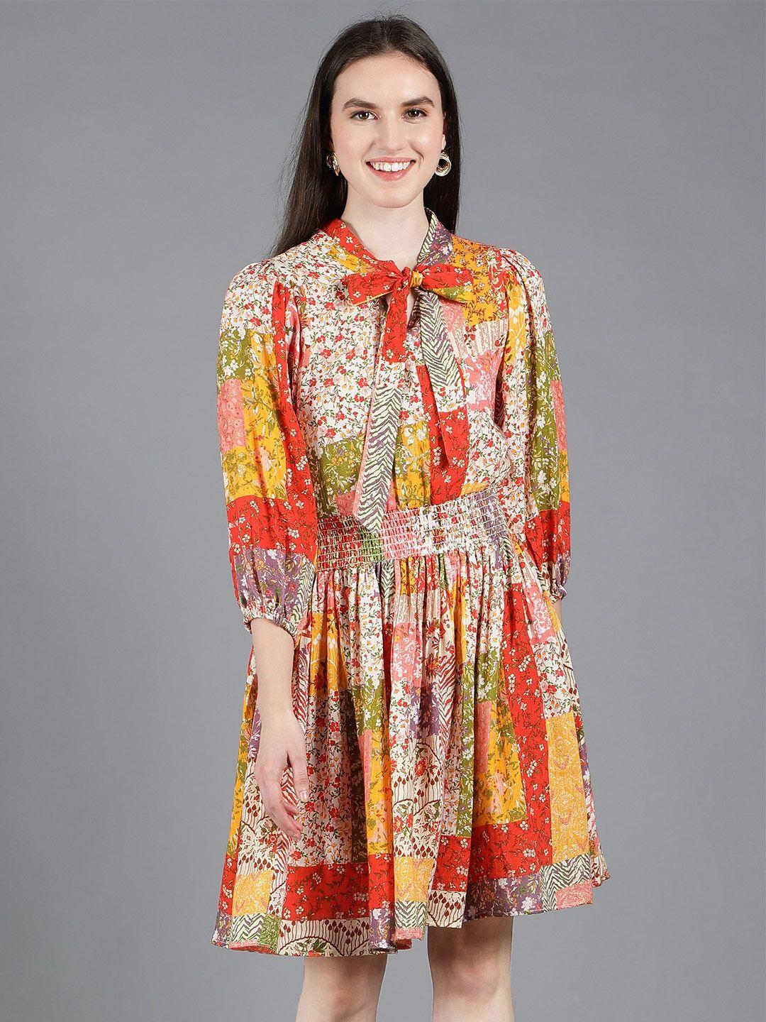 amagyaa floral print tie-up neck puff sleeve fit & flare dress