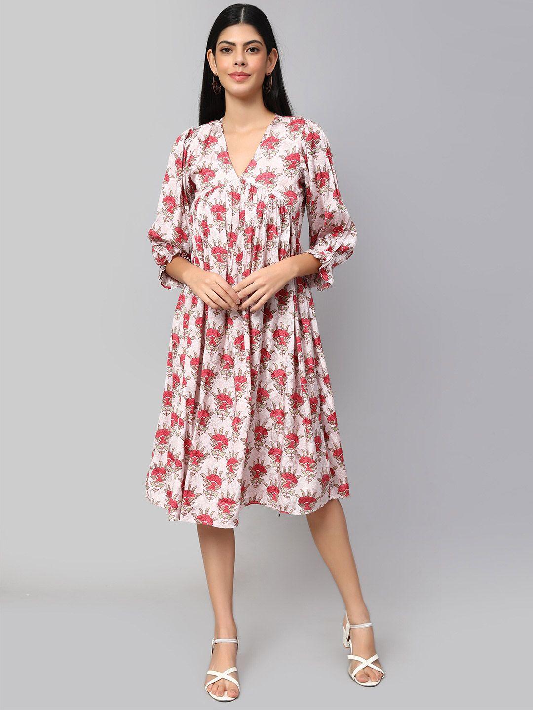 amagyaa floral printed puff sleeves gathered pure cotton a-line midi dress