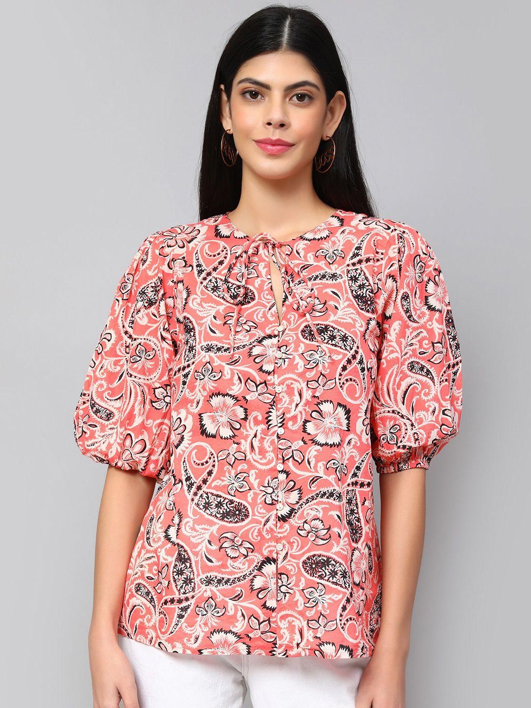 amagyaa floral printed puffed sleeves tie up neck pure cotton top