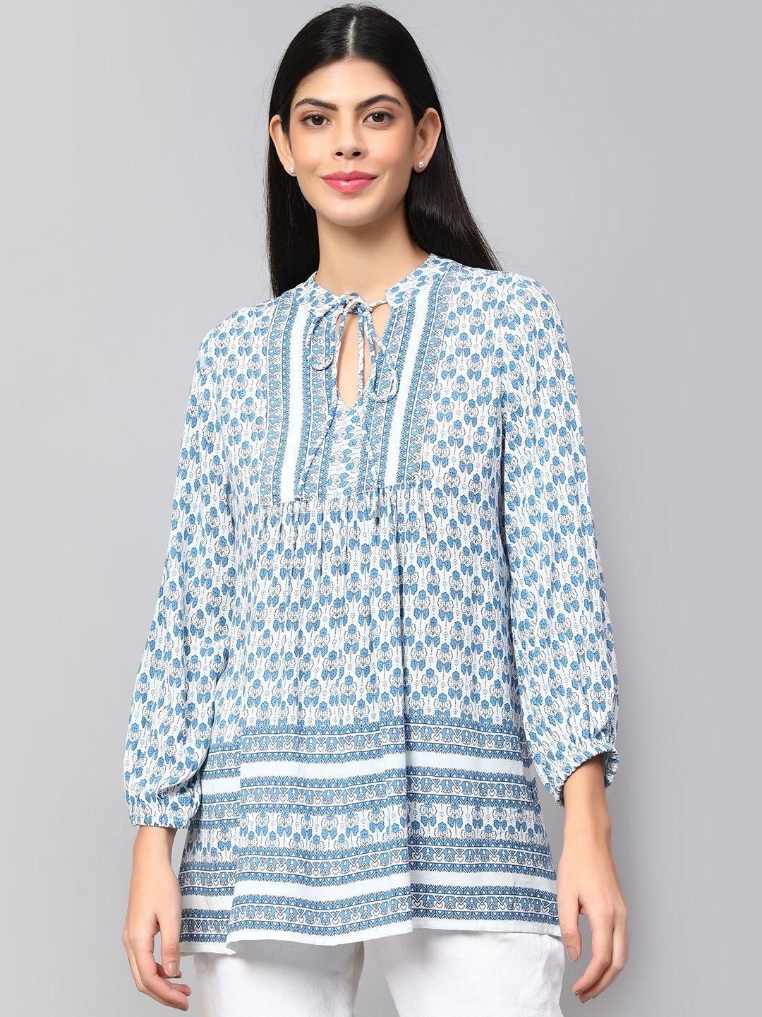 amagyaa floral printed tie-up neck puff sleeve pure cotton top