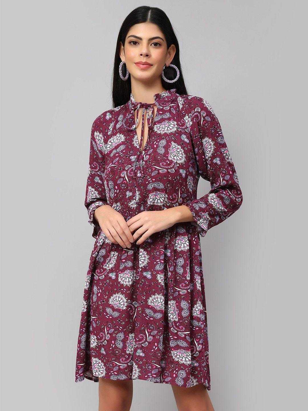 amagyaa floral printed tie-up neck puff sleeves gathered pure cotton fit & flare dress