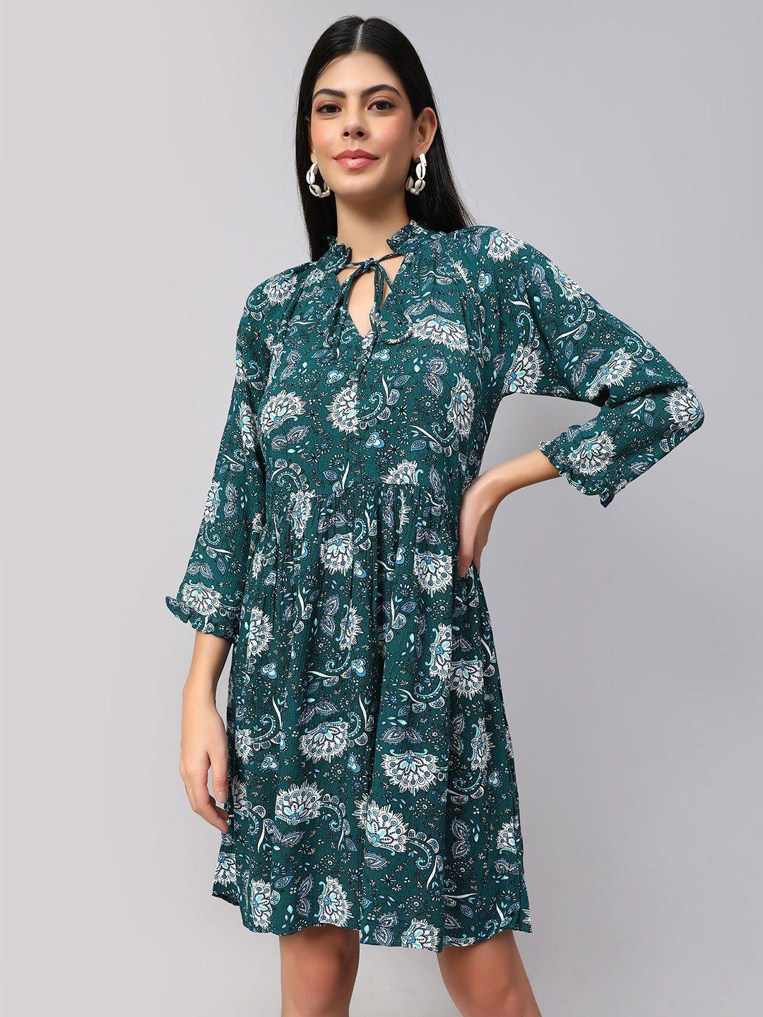 amagyaa floral printed tie-up neck puff sleeves gathered pure cotton fit & flare dress