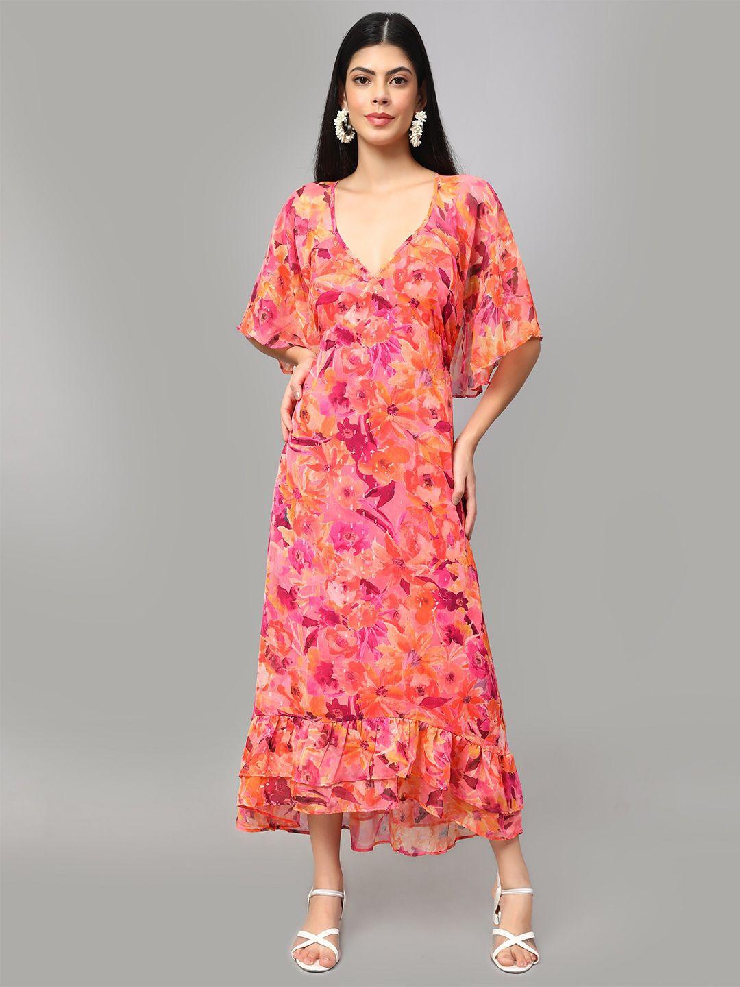amagyaa floral printed v-neck cape sleeves a-line dress