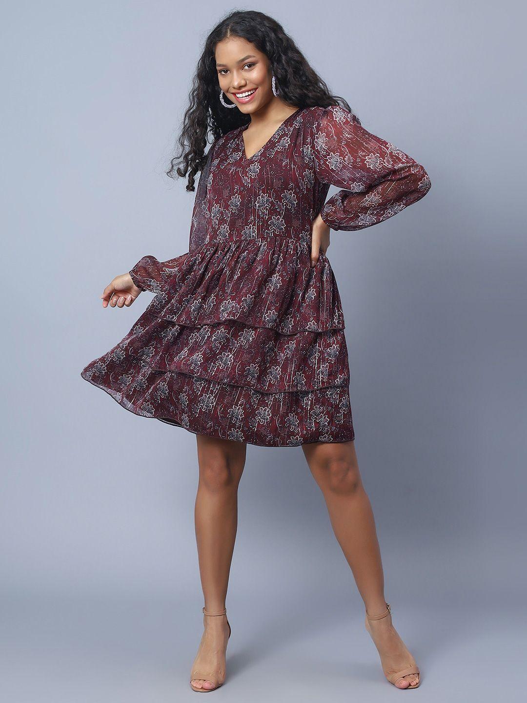 amagyaa floral printed v-neck puff sleeve layered fit & flare dress