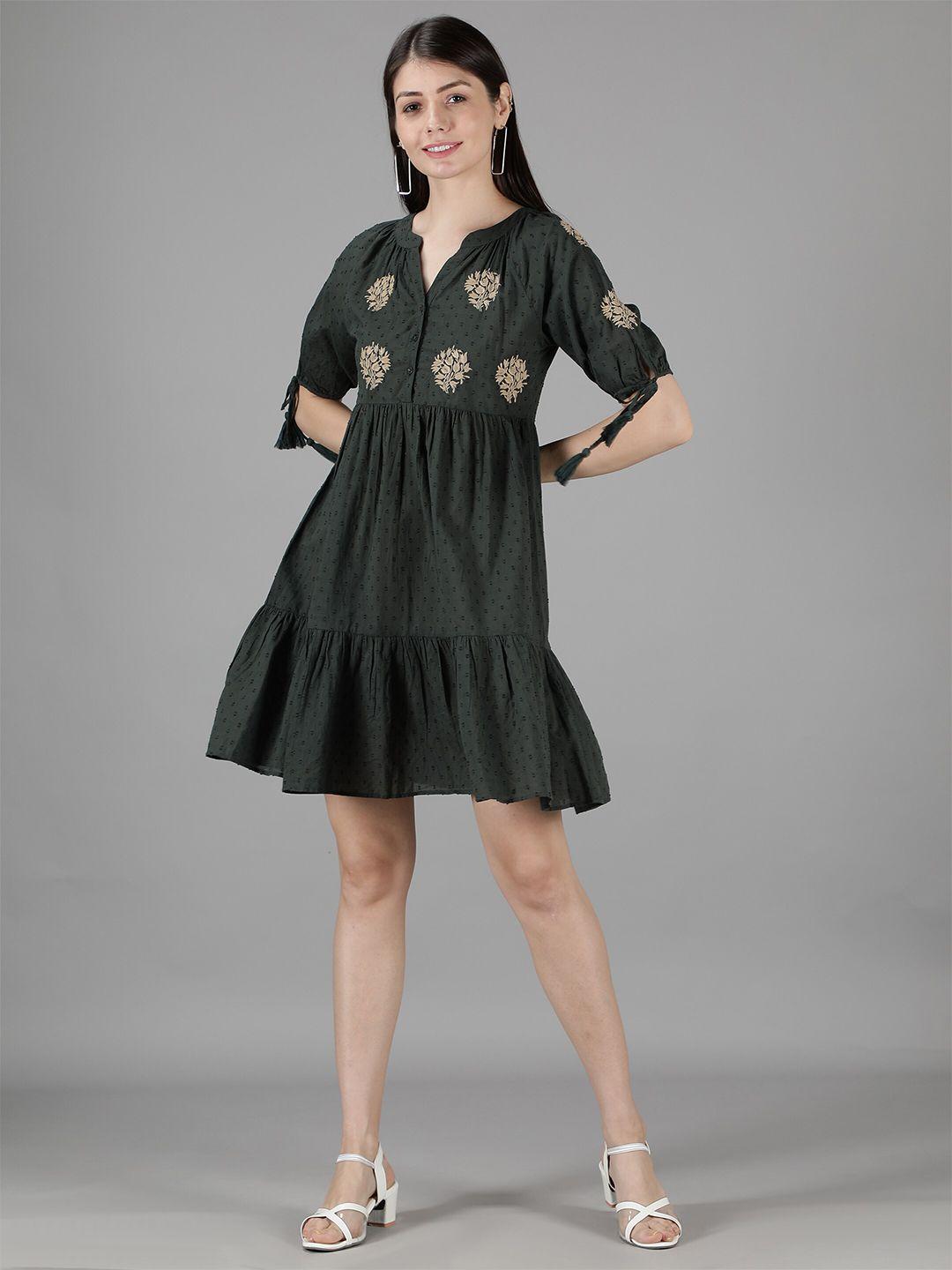 amagyaa green & beige floral embroidered dress