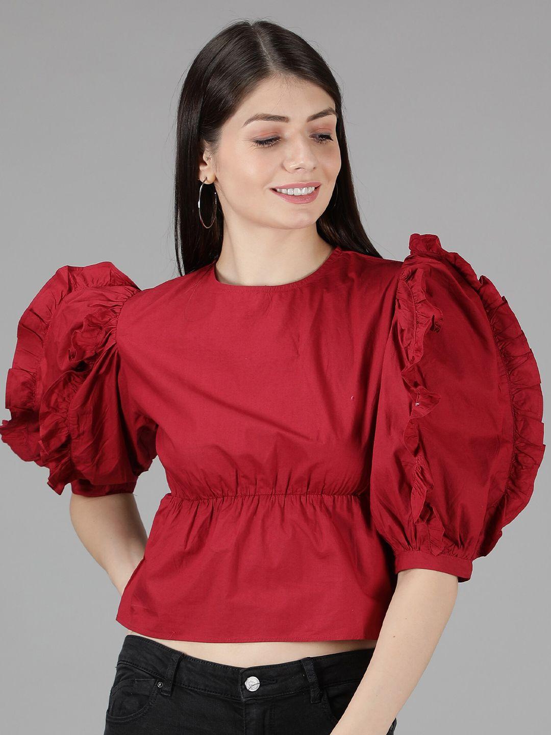 amagyaa maroon ruffles cinched waist crop top