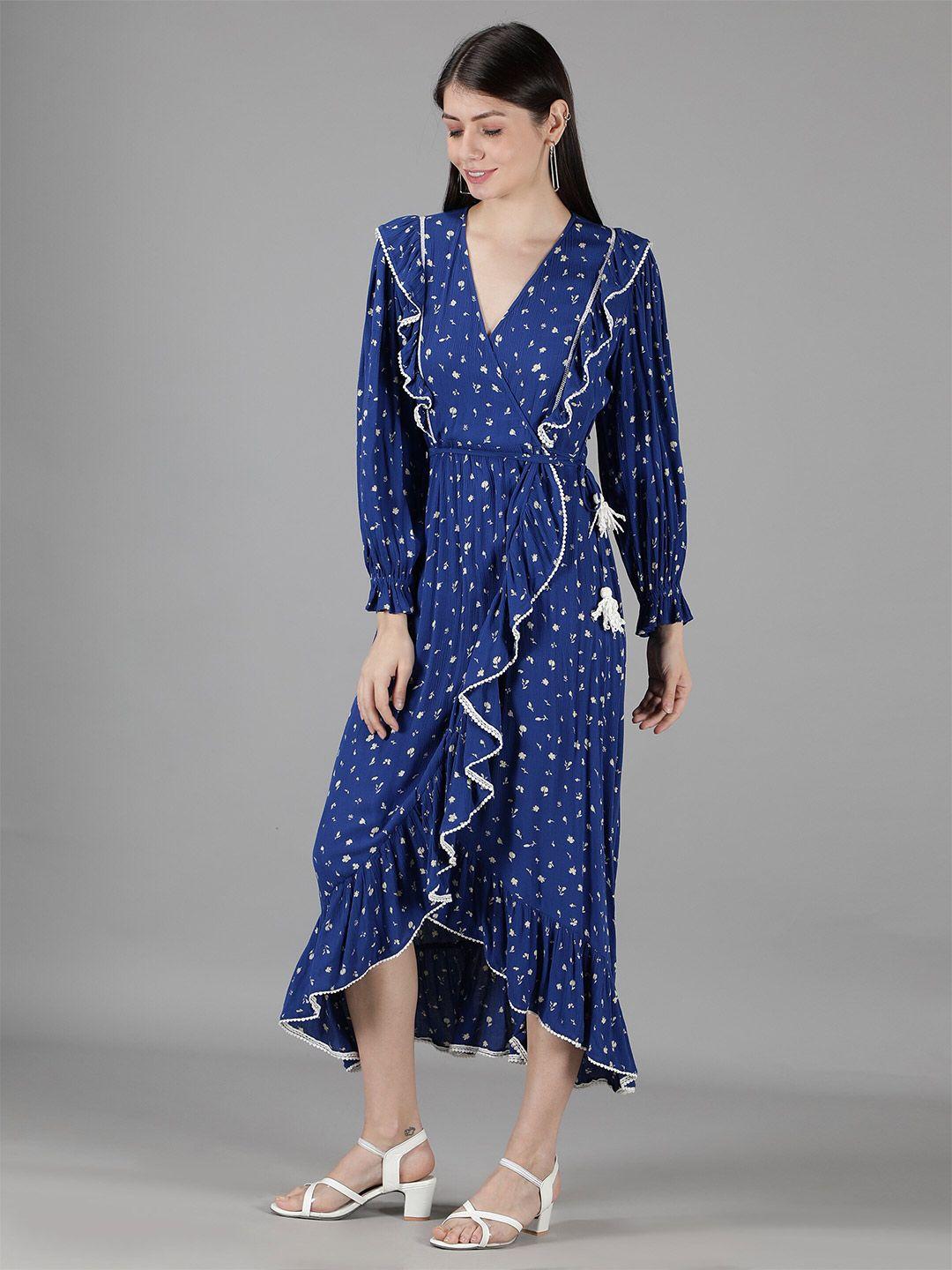 amagyaa navy blue printed ruffle wrap tulip dress