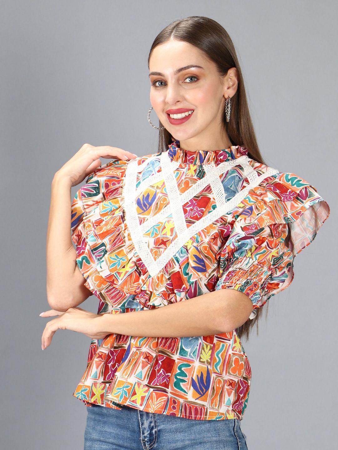 amagyaa red & blue print ruffles blouson cotton top