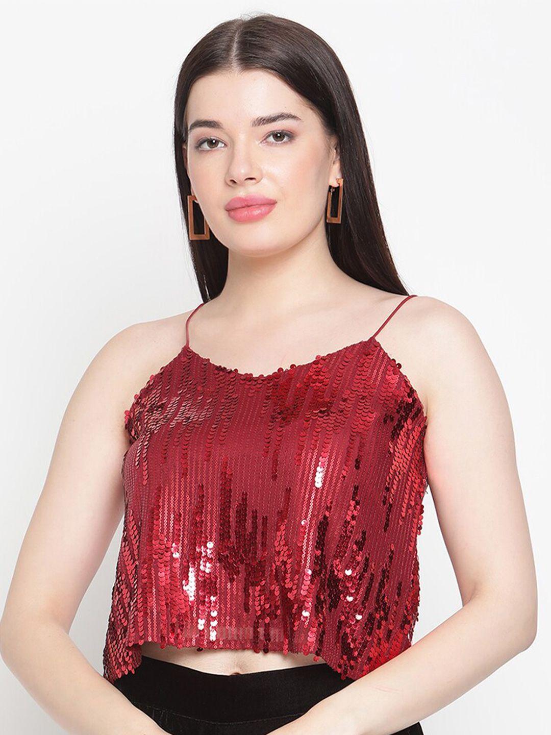 amagyaa red sequins embellished net crop top