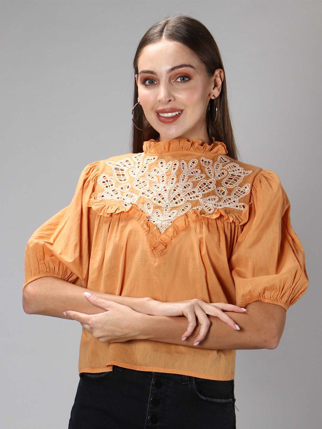 amagyaa rust floral embroidered bohemian cotton top