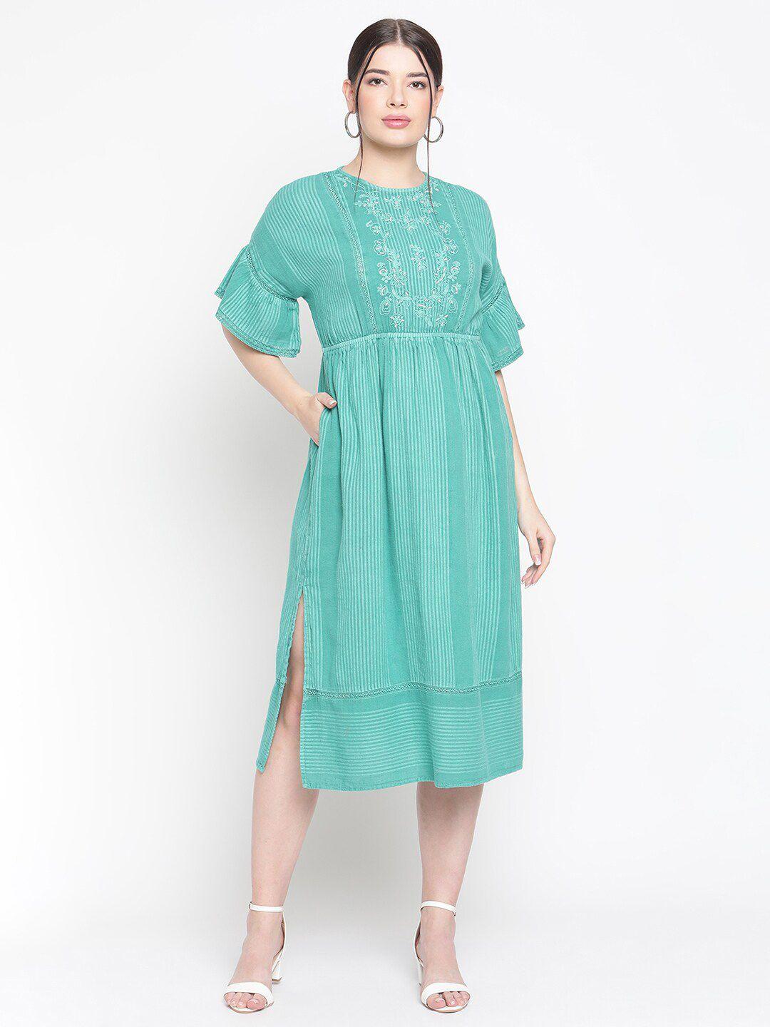 amagyaa striped bell sleeve embroidered pure cotton a-line midi dress