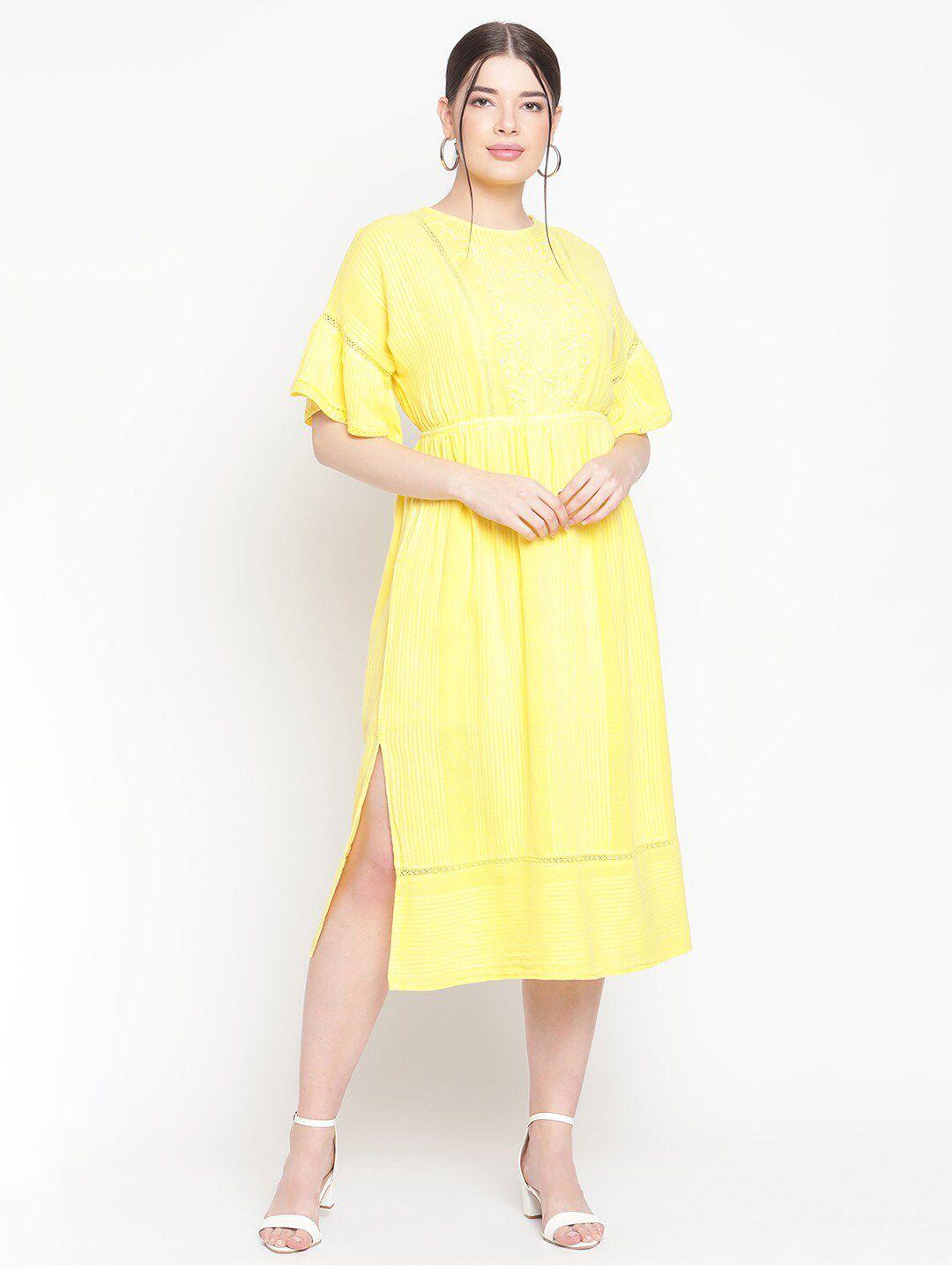 amagyaa striped bell sleeve embroidered pure cotton a-line midi dress