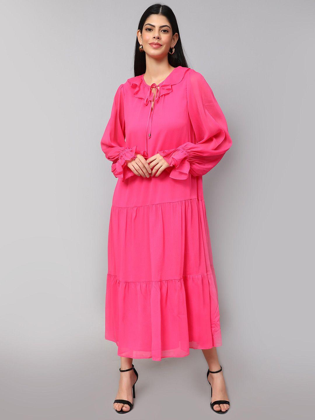 amagyaa tiered detailed tie-up neck puff sleeve a-line dress