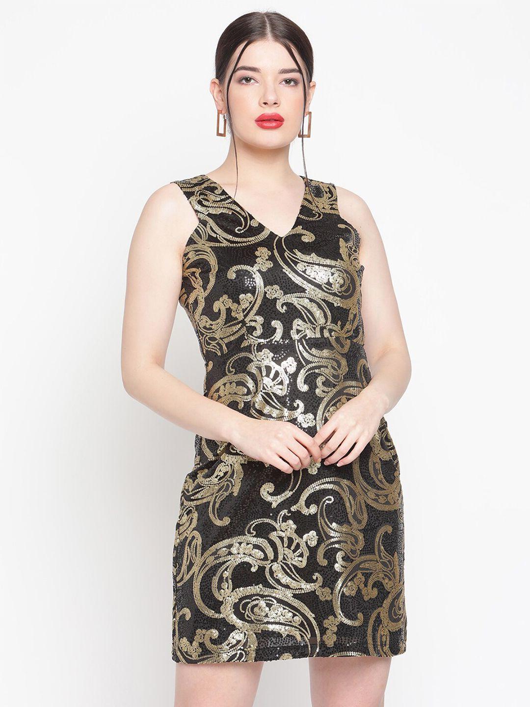 amagyaa women black & gold embellished net sheath dress