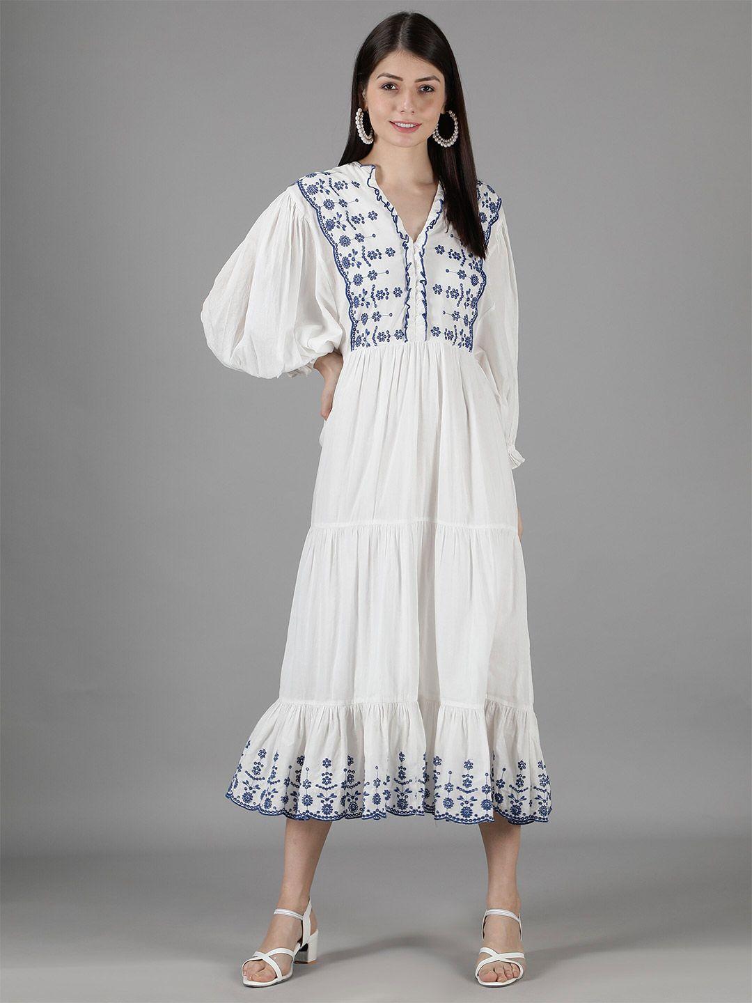 amagyaa women white & blue floral embroidered a-line midi cotton dress