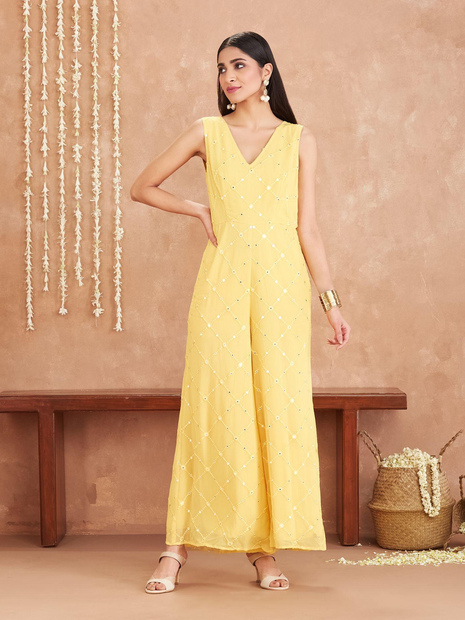 amaira yellow mirror work georgette jumpsuit ggjs02