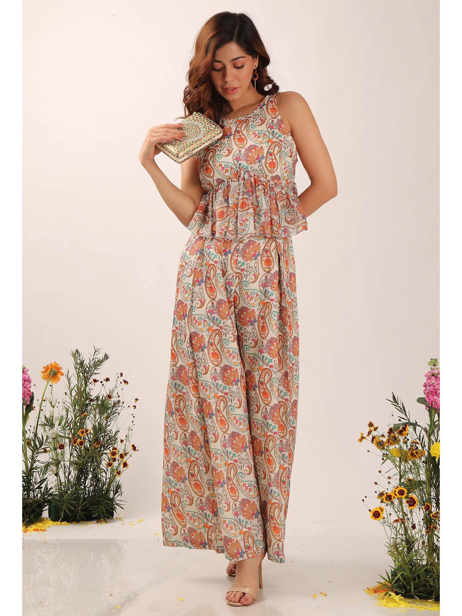 amala floral chintz peplum jumpsuit with back tie up details