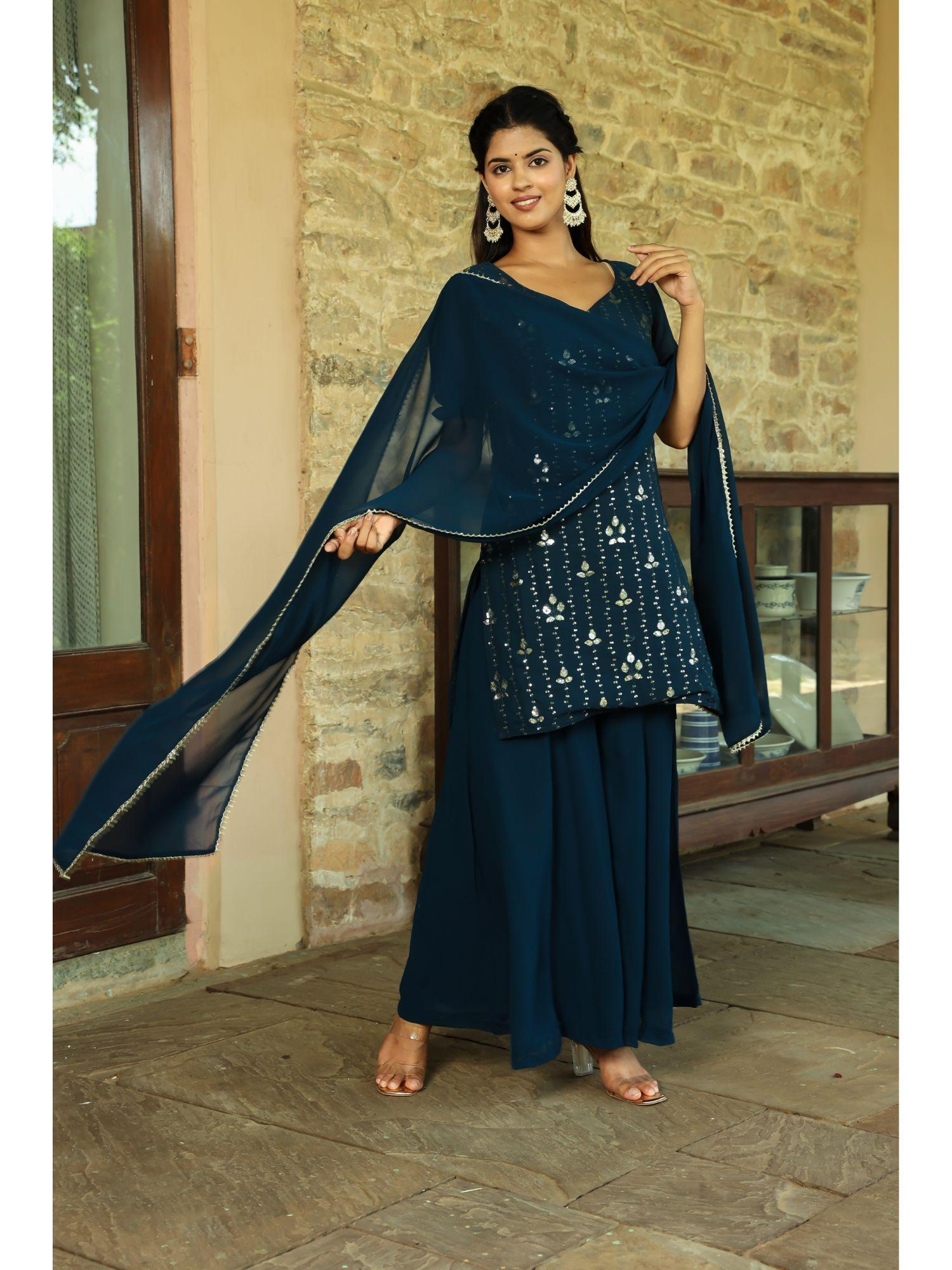 amalfi blue sequined kurta with palazzo & dupatta set (set of 3)