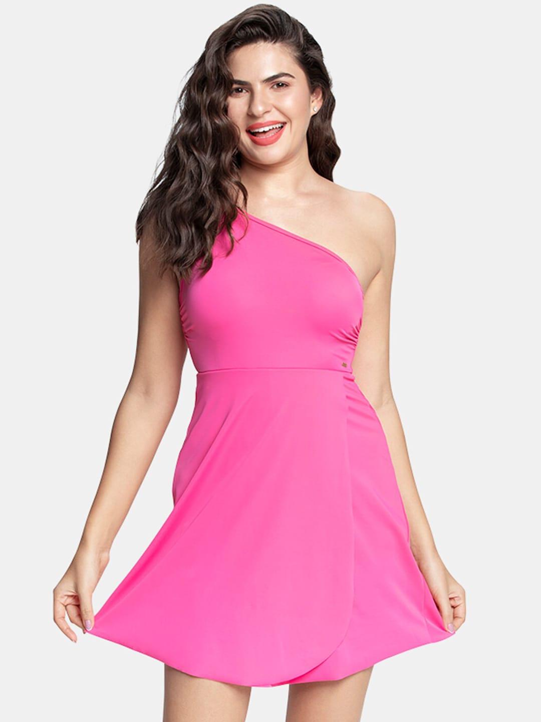 amante women pink solid one shoulder neckline high coverage padded swimwear dress