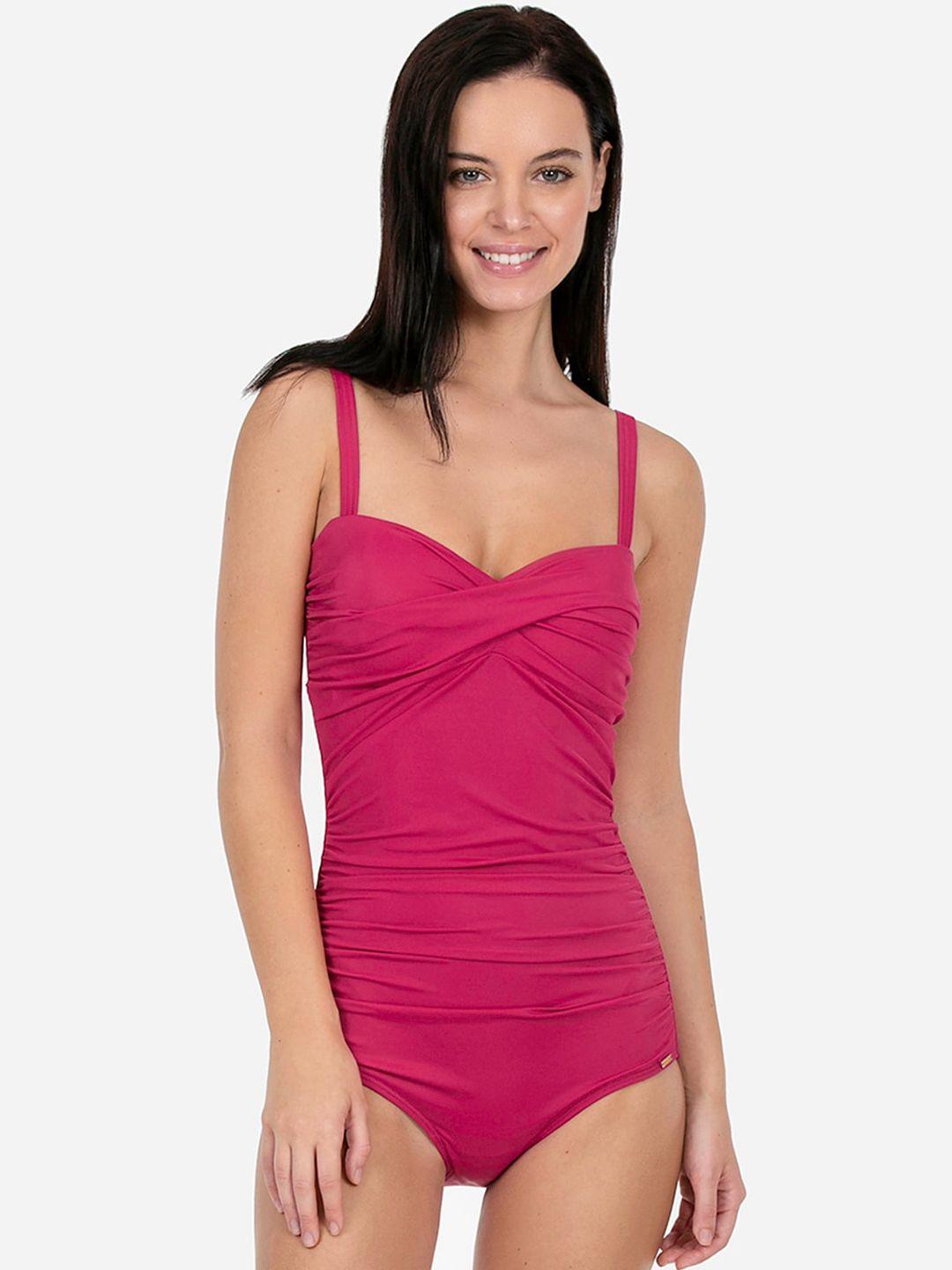 amante women pink solid ruched bodysuit swimwear
