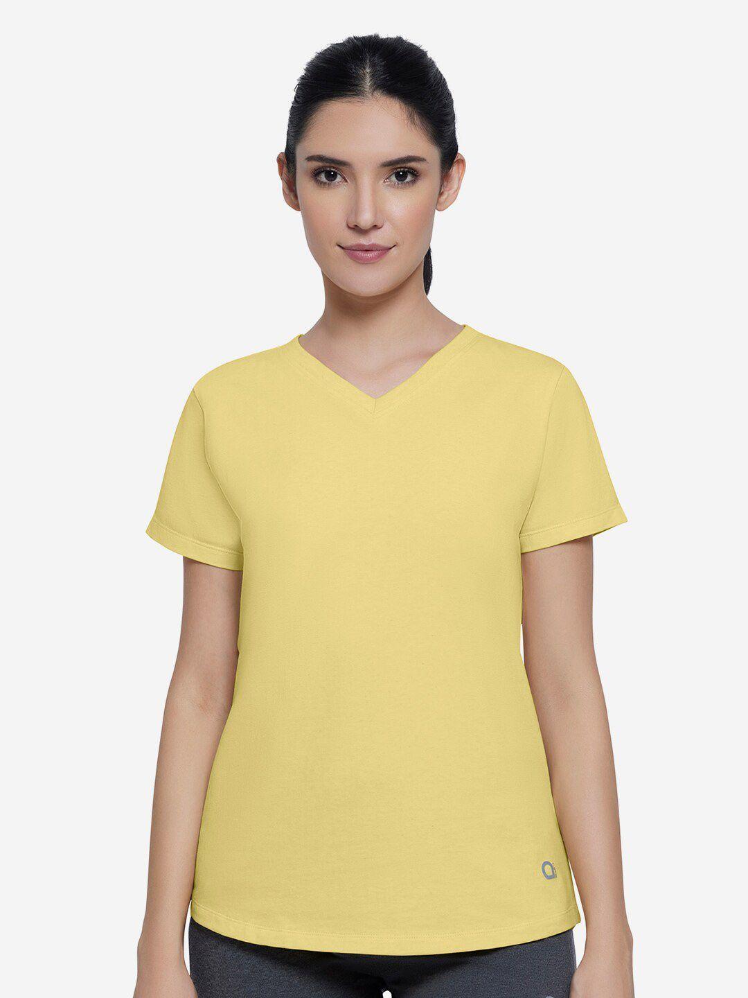 amante women yellow solid v-neck cotton t-shirt