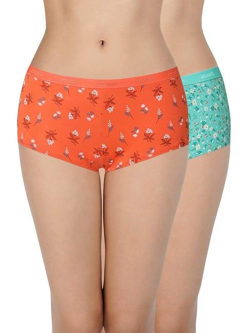 amante orange & blue cotton floral print boyshort panties - pack of 2