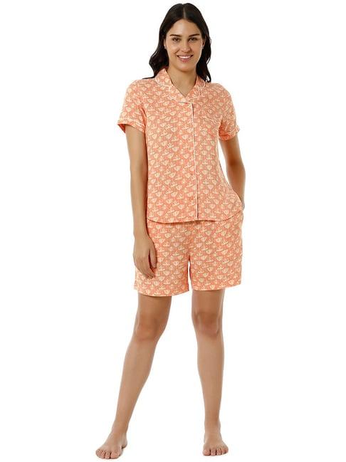 amante orange printed shirt shorts set