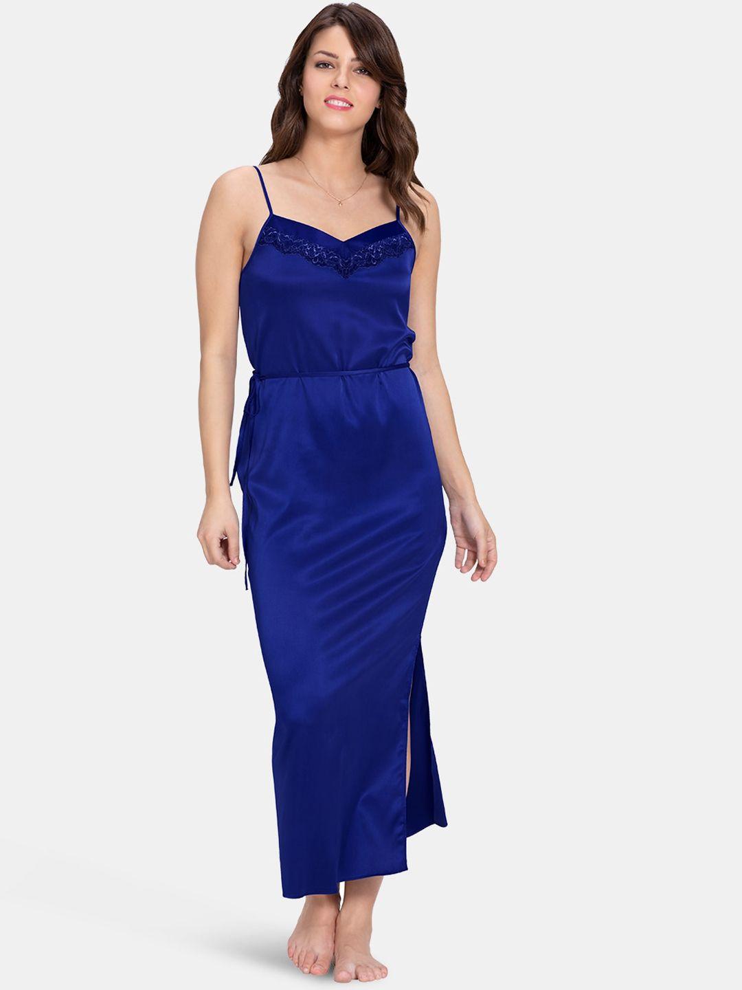 amante women blue solid satin maxi nightdress