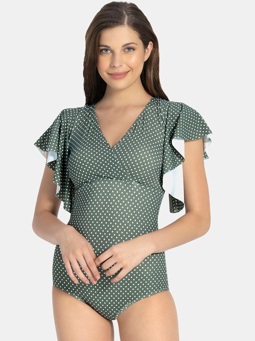 amante women green & white polka dot printed swimsuit