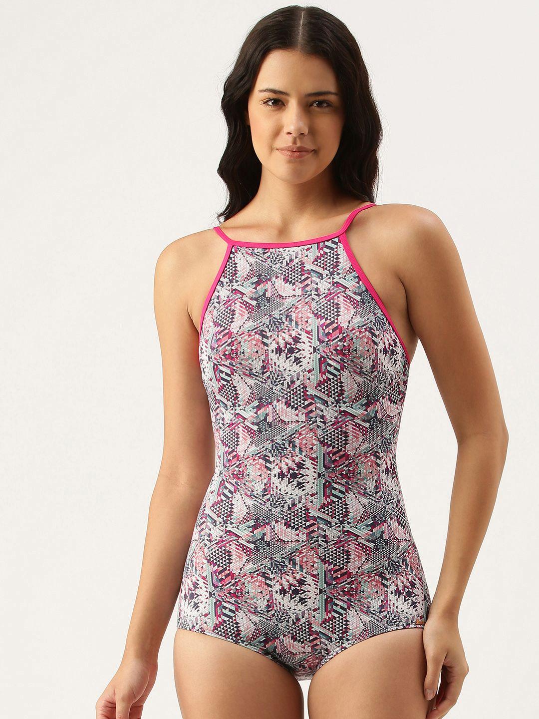 amante women grey & pink printed halter neck swimsuit