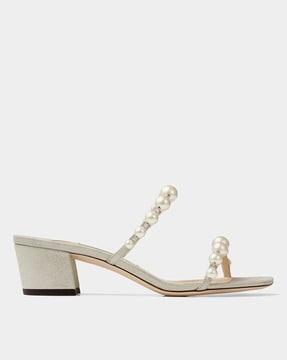 amara 45 shimmer suede mules with pearl embellishment