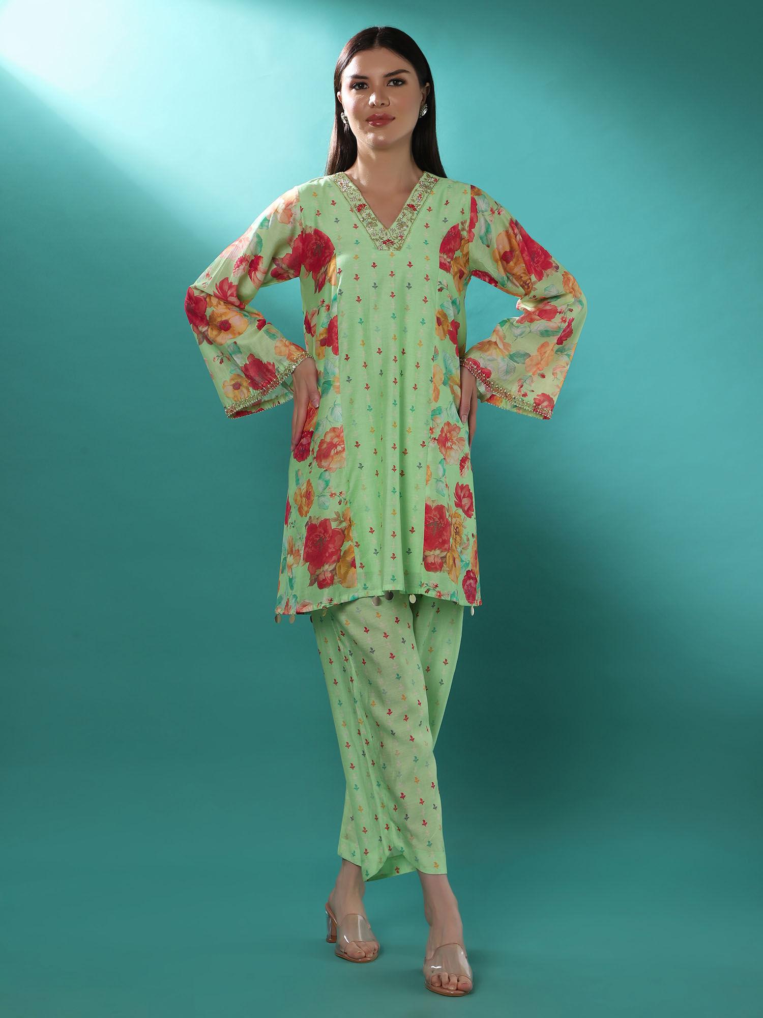 amara green floral tunic with pant (set of 2)