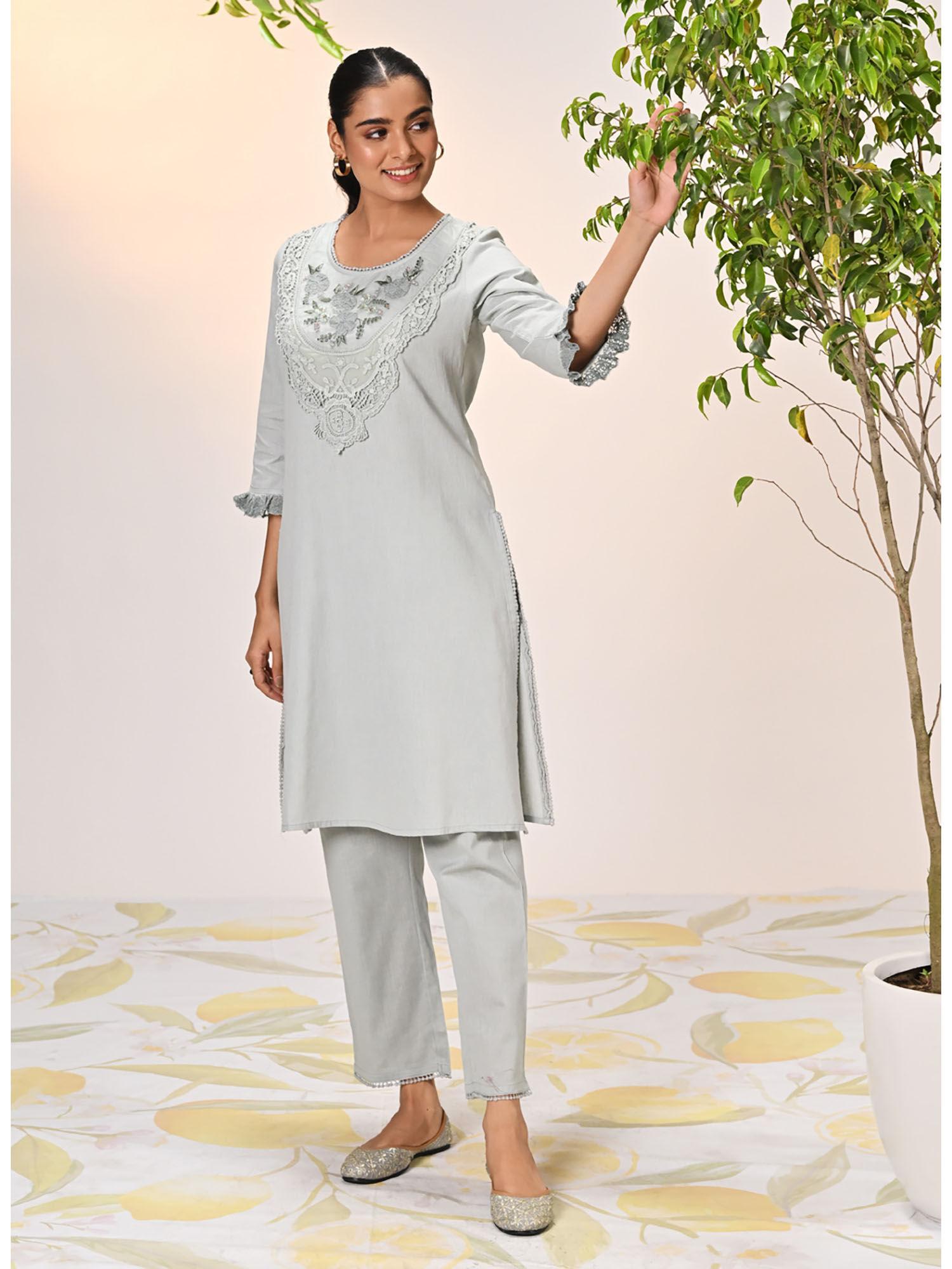 amara green mist embroidered cotton kurta with pant for women (set of 2)