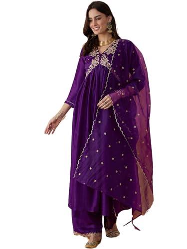 amayra rayon women's embroidered alia cut kurta with pant and dupatta set(purple,large)