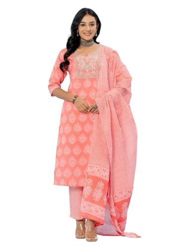 amayra women's cotton embroidered straight kurta with palazzo pant and dupatta set(tck566,peach,xl)