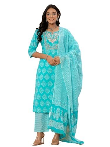 amayra women's cotton embroidered straight kurta with palazzo pant and dupatta set(tck566,turquoise,m)