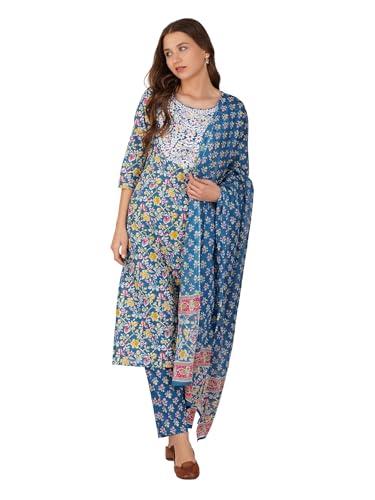 amayra women's cotton embroidered straight kurta with pant and dupatta set(tck551,blue,3xl)