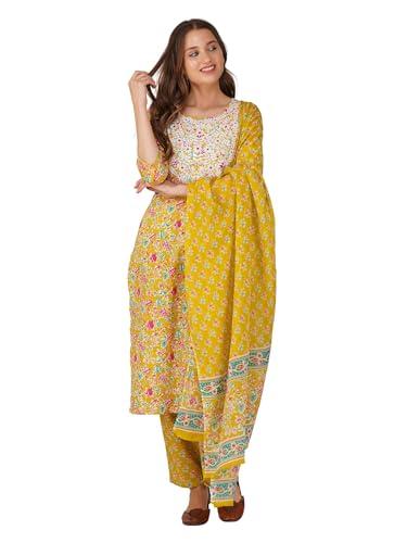 amayra women's cotton embroidered straight kurta with pant and dupatta set(tck551,yellow,l)