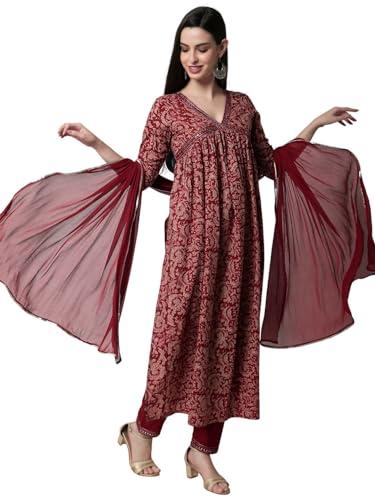 amayra women's cotton printed alia cut kurta with pant and dupatta set(maroon,s)