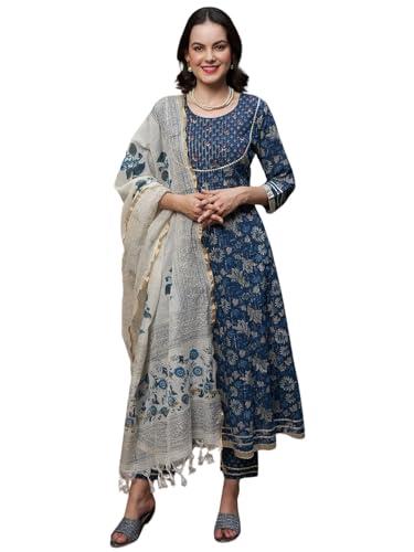 amayra women's cotton printed anarkali kurta with pant and dupatta set(tck522,blue,l)