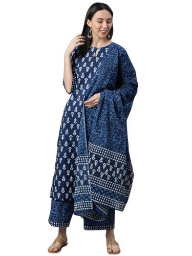 amayra women's cotton printed straight kurta with palazzos and dupatta set(tck532,blue,l)