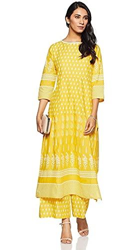 amayra women's cotton printed straight kurti with palazzos set(yellow,s)