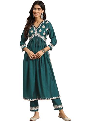 amayra women's embroidered alia cut kurta with pant (green, s, rayon)